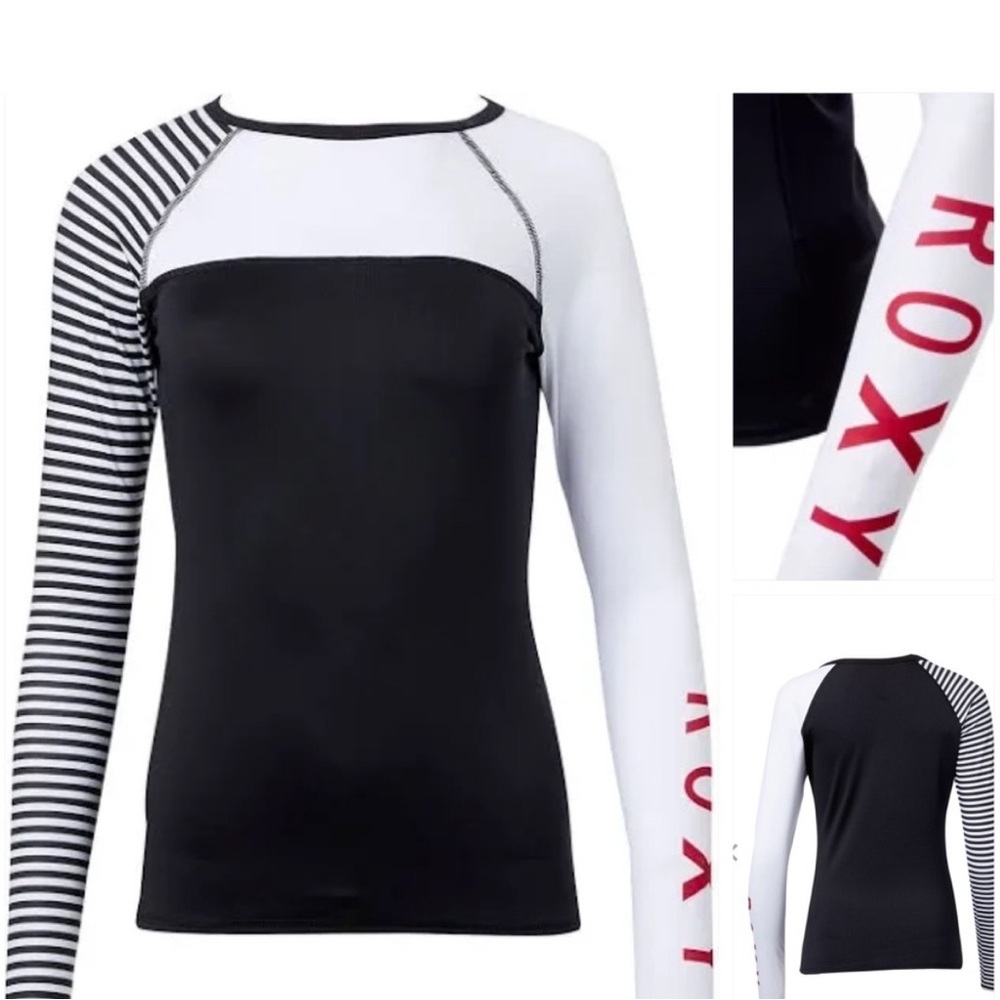 Roxy Black White Striped Sleeve Long-Sleeve Swim Top